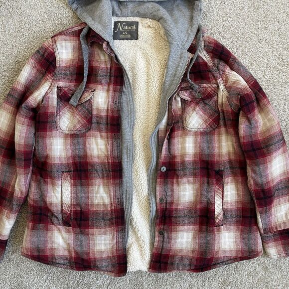 Natural Reflections Sherpa Lined Hoodie Shirt Jacket Womens L Red Plaid Flannel - Picture 1 of 16